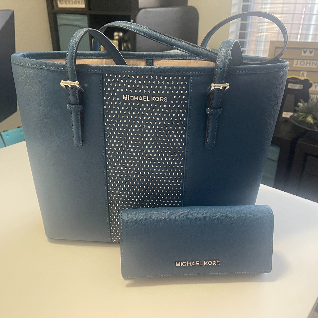 Nwot Michael Kors Micro Stud Carryall Handbag/ Wallet~Steel Blue Set